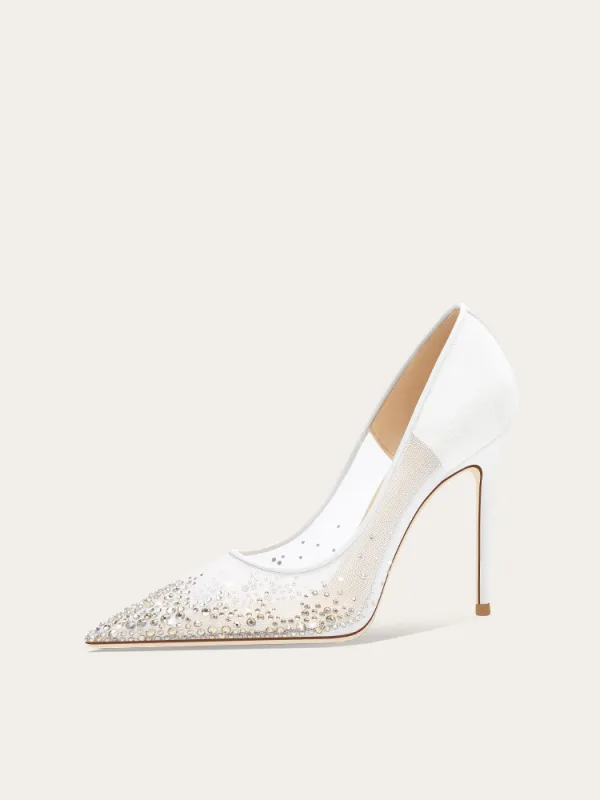 Mooie / Prachtige Witte Rhinestone Bruidsschoenen 2025 Leer 10 cm Naaldhakken / Stiletto Spitse Neus Huwelijk Pumps Hoge Hakken