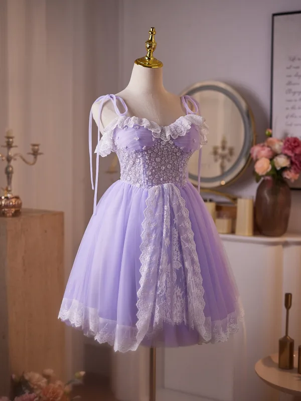 Chic / Beautiful Lavender Beading Sequins Lace Flower Short Party Dresses 2025 A-Line / Princess Spaghetti Straps Sleeveless Backless Tulle Cocktail Party Evening Party