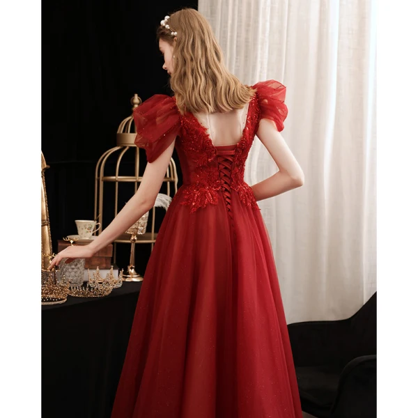 Charming Burgundy Beading Sequins Evening Dresses 2023 A-Line / Princess Scoop Neck Short Sleeve Backless Floor-Length / Long Evening Party Formal Dresses