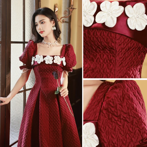 Elegant Burgundy Appliques Prom Dresses 2023 A-Line / Princess Square Neckline Short Sleeve Backless Floor-Length / Long Prom Formal Dresses