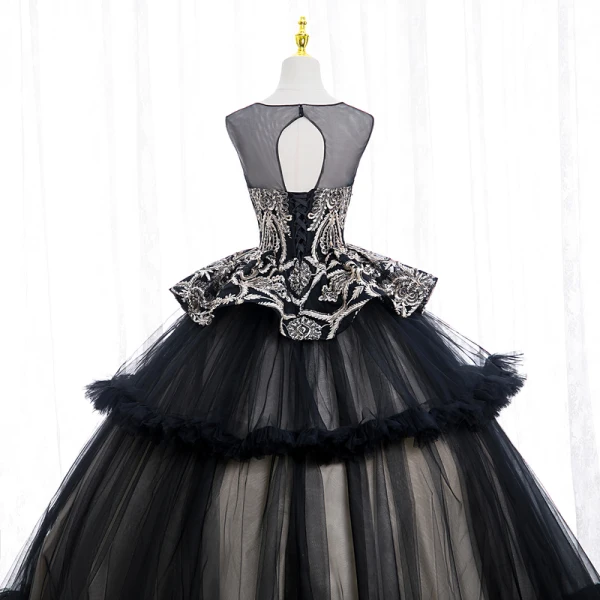 Elegant Black Sequins Lace Flower Prom Dresses 2022 Ball Gown Scoop Neck Sleeveless Backless Floor-Length / Long Prom Formal Dresses