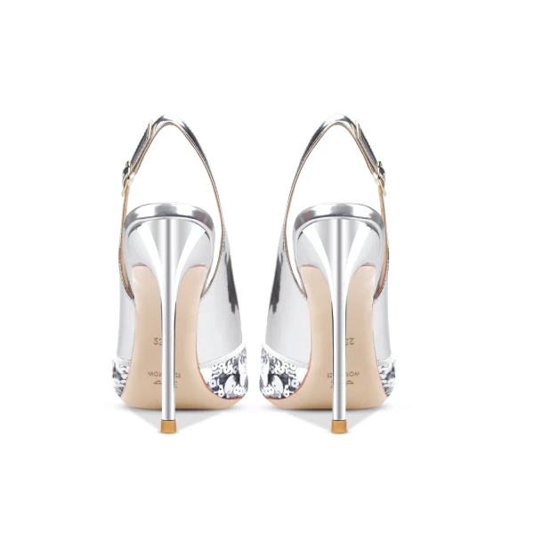Sexy Silber Pailletten Sandalen Damen 2024 Leder Hochzeit 10 cm Stilettos Spitzschuh Sandaletten Hochhackige