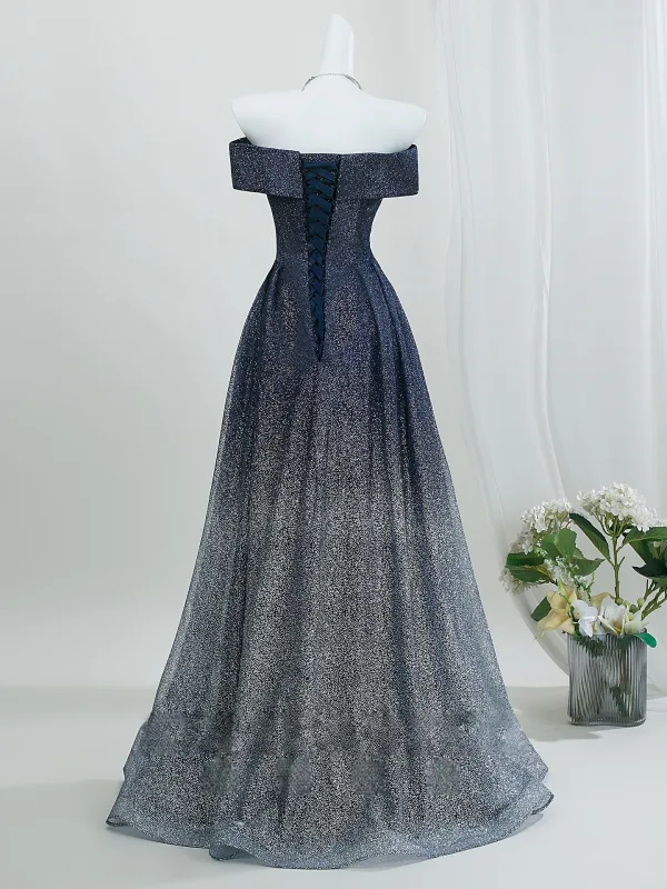 Schnittig Marineblau Glanz Sternenklarer Himmel Ballkleider 2026 A Linie Off Shoulder Ärmellos Rückenfreies Lange Festliche Kleider