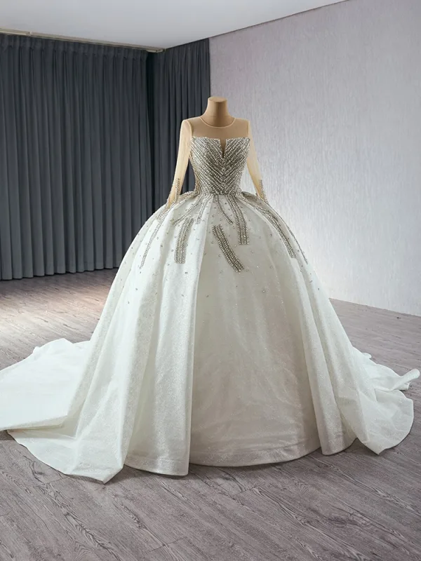 Haut de Gamme Blanche Fait main Faux Diamant Robe De Mariée 2024 Robe Boule Encolure Dégagée Manches Longues Tribunal Train Mariage