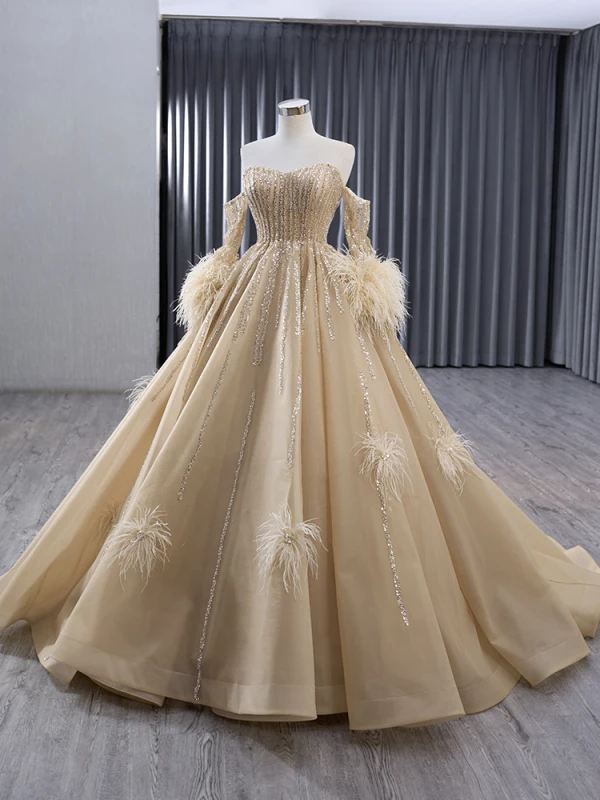 Luxury / Gorgeous Champagne Handmade  Beading Sequins Tassel Prom Dresses 2024 Ball Gown Strapless Short Sleeve Backless Court Train Prom Formal Dresses