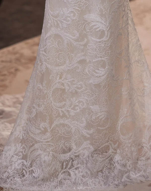 Schlicht Weiß Spitze Brautkleider / Hochzeitskleider 2024 Meerjungfrau Off Shoulder Kurze Ärmel Rückenfreies Sweep / Pinsel Zug Hochzeit