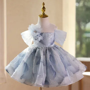 Chic Belle Bleu Ciel Perlage Appliques Paillettes Anniversaire Courte Robe Ceremonie Fille 2025 Robe Boule Encolure Dégagée Gonflée Manches Courtes Robe Ceremonie Fille