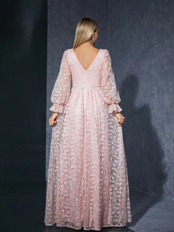 Chic / Beautiful Blushing Pink Lace Flower Split Front Prom Dresses 2025 A-Line / Princess V-Neck Long Sleeve Backless Floor-Length / Long Prom Formal Dresses
