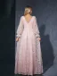Chic / Beautiful Blushing Pink Lace Flower Split Front Prom Dresses 2025 A-Line / Princess V-Neck Long Sleeve Backless Floor-Length / Long Prom Formal Dresses