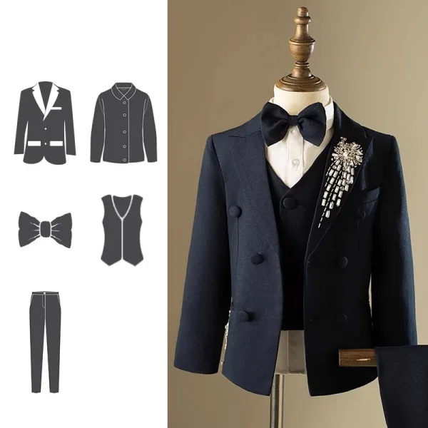 Navy Blue Long Sleeve Rhinestone 5-piece Boys Wedding Suits 2024 Coat Pants Shirt Tie Vest