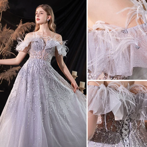 Luxe Gris Robe De Soirée 2022 Princesse De l'épaule Gland Perlage Paillettes Manches Courtes Dos Nu Longue Soirée Robe De Ceremonie