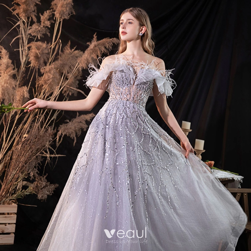 open lace back dress Blue Tulle A-line Princess Off-the-Shoulder Prom Dresses, Evening Dress,  MP665 main image 1
