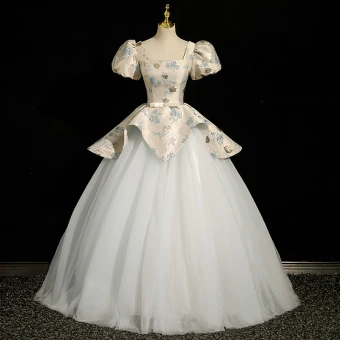 Encantador Azul Cielo Impresión Vestidos De Gala 2023 Ball Gown Escote Cuadrado Hinchado Manga Corta Bowknot Cinturón Sin Espalda Largos Gala Vestidos Formales