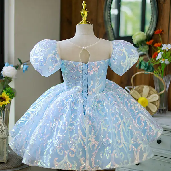 Sparkly Sky Blue Pearl Sequins Birthday Flower Girl Dresses 2022 Ball Gown Scoop Neck Puffy Short Sleeve Backless Short Flower Girl Dresses