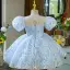 Sparkly Sky Blue Pearl Sequins Birthday Flower Girl Dresses 2022 Ball Gown Scoop Neck Puffy Short Sleeve Backless Short Flower Girl Dresses