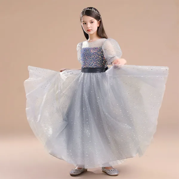 Sparkly Grey Star Sequins Prom Flower Girl Dresses 2022 A-Line / Princess Scoop Neck Short Sleeve Sash Bow Floor-Length / Long Flower Girl Dresses