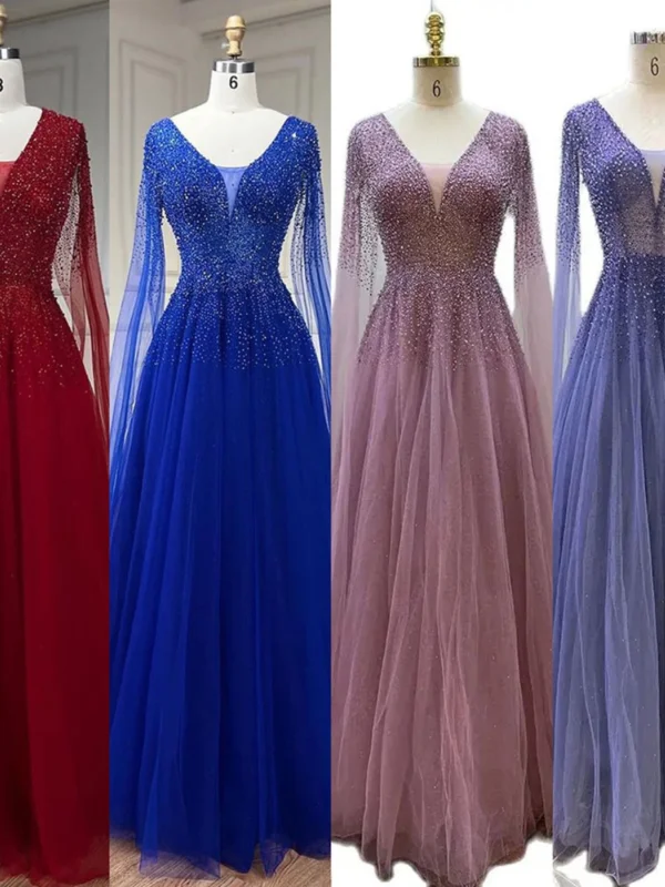 High-end Royal Blue Handmade  Beading Prom Dresses 2024 A-Line / Princess V-Neck Sleeveless Backless Floor-Length / Long Prom Formal Dresses