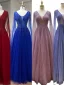 High-end Royal Blue Handmade  Beading Prom Dresses 2024 A-Line / Princess V-Neck Sleeveless Backless Floor-Length / Long Prom Formal Dresses