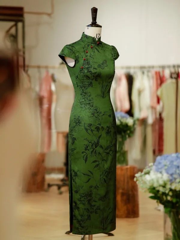 Chinese style Green Printing Split Front Tea-length Cheongsam 2026 Trumpet / Mermaid High Neck Cap Sleeves