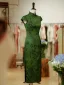 Chinese style Green Printing Split Front Tea-length Cheongsam 2026 Trumpet / Mermaid High Neck Cap Sleeves