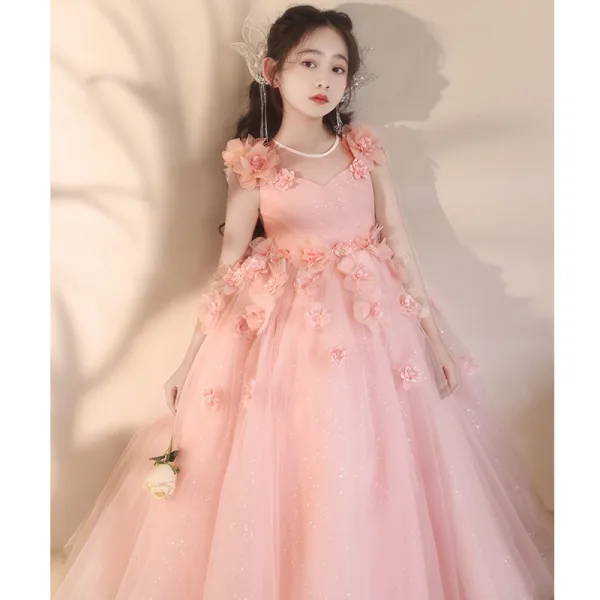 Chic / Beautiful Blushing Pink Appliques Birthday Flower Girl Dresses 2024 Ball Gown Square Neckline Sleeveless Floor-Length / Long