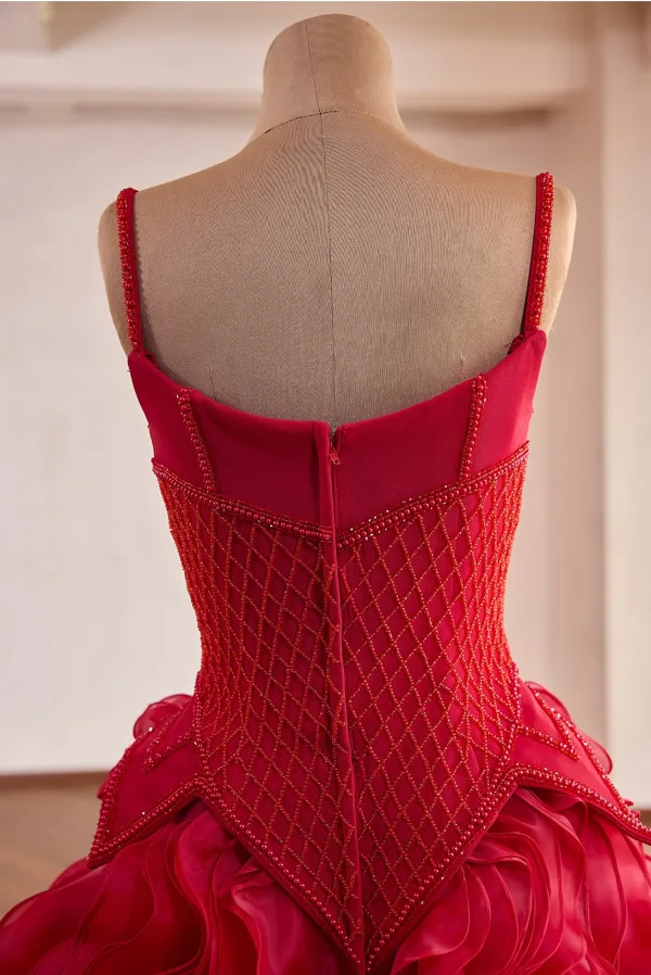 Mode Burgunderrot Perlenstickerei Fallende Rüsche Ballkleider 2026 Ballkleid Spaghettiträger Ärmellos Rückenfreies Sweep / Pinsel Zug Festliche Kleider