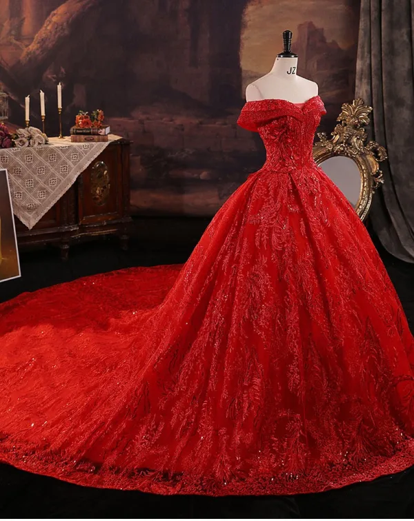 Amazing / Unique Red Beading Sequins Lace Flower Royal Train Wedding Dresses 2025 Ball Gown Off-The-Shoulder Short Sleeve Backless Tulle Wedding