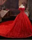 Amazing / Unique Red Beading Sequins Lace Flower Royal Train Wedding Dresses 2025 Ball Gown Off-The-Shoulder Short Sleeve Backless Tulle Wedding