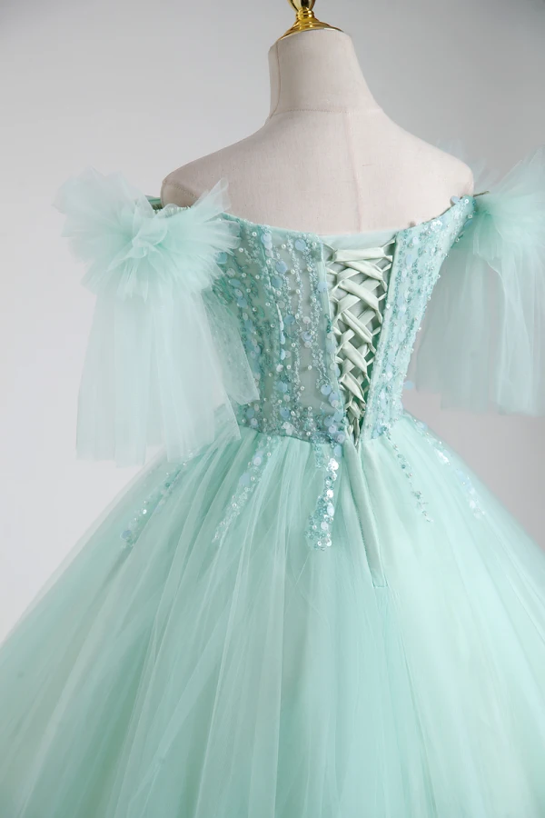 Elegant Mint Green Beading Pearl Sequins Cascading Ruffles Prom Dresses 2023 Ball Gown Off-The-Shoulder Short Sleeve Backless Floor-Length / Long Prom Formal Dresses