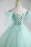 Elegant Mint Green Beading Pearl Sequins Cascading Ruffles Prom Dresses 2023 Ball Gown Off-The-Shoulder Short Sleeve Backless Floor-Length / Long Prom Formal Dresses