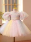 Chic / Beautiful Blushing Pink Birthday Appliques Flower Girl Dresses 2022 Ball Gown Scoop Neck Puffy Short Sleeve Pearl Sash Short Flower Girl Dresses