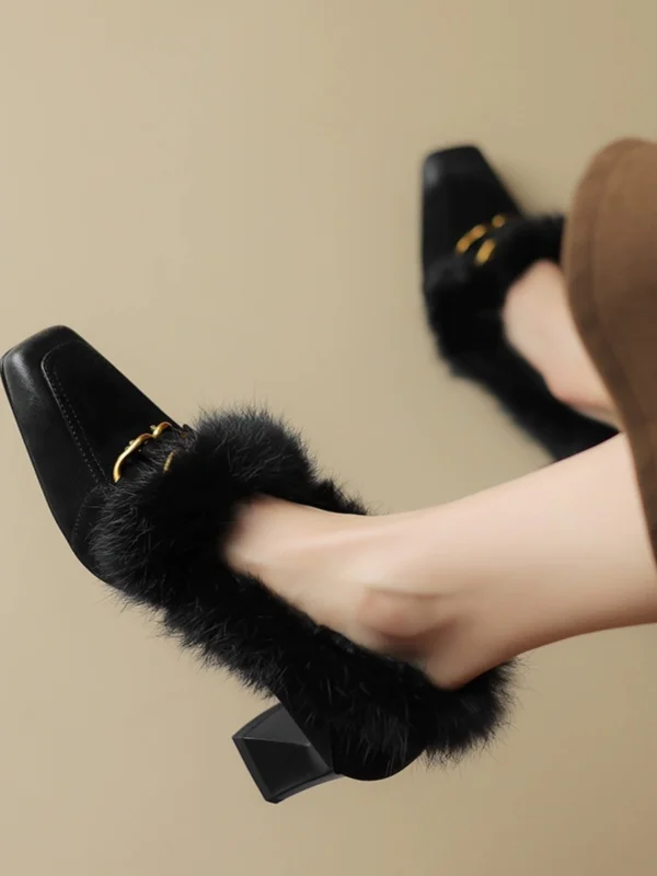 Vintage / Retro Black Street Wear Pumps 2024 Leather 6 cm Block Heels Pointed Toe Womens Shoes High Heels
