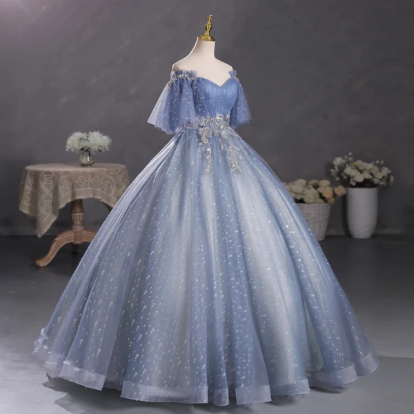 Schöne Meeresblau Perlenstickerei Ballkleider 2023 Ballkleid Off Shoulder Kurze Ärmel Rückenfreies Lange Ball Festliche Kleider