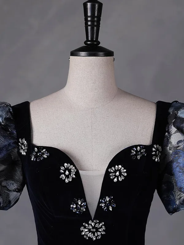 Vintage / Retro Navy Blue Floral Rhinestone Prom Dresses 2023 Ball Gown Square Neckline Short Sleeve Backless Floor-Length / Long Prom Formal Dresses