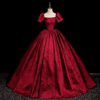 Élégant Bordeaux Impression Robe De Bal 2025 Robe Boule Encolure Carrée Manches Courtes Dos Nu Longue Promo Robe De Ceremonie