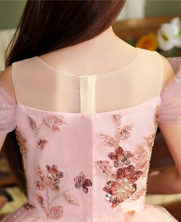 Chic / Beautiful Blushing Pink Beading Sequins Birthday Flower Girl Dresses 2024 A-Line / Princess Scoop Neck Short Sleeve Floor-Length / Long