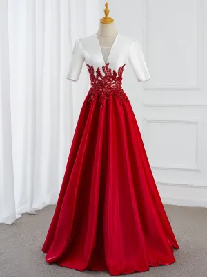 Réservé Rouge Perlage Paillettes Robe De Bal 2025 Robe Boule V Cou Manches Courtes Longue Promo Robe De Ceremonie