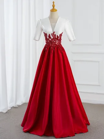 Réservé Rouge Perlage Paillettes Robe De Bal 2025 Robe Boule V Cou Manches Courtes Longue Promo Robe De Ceremonie