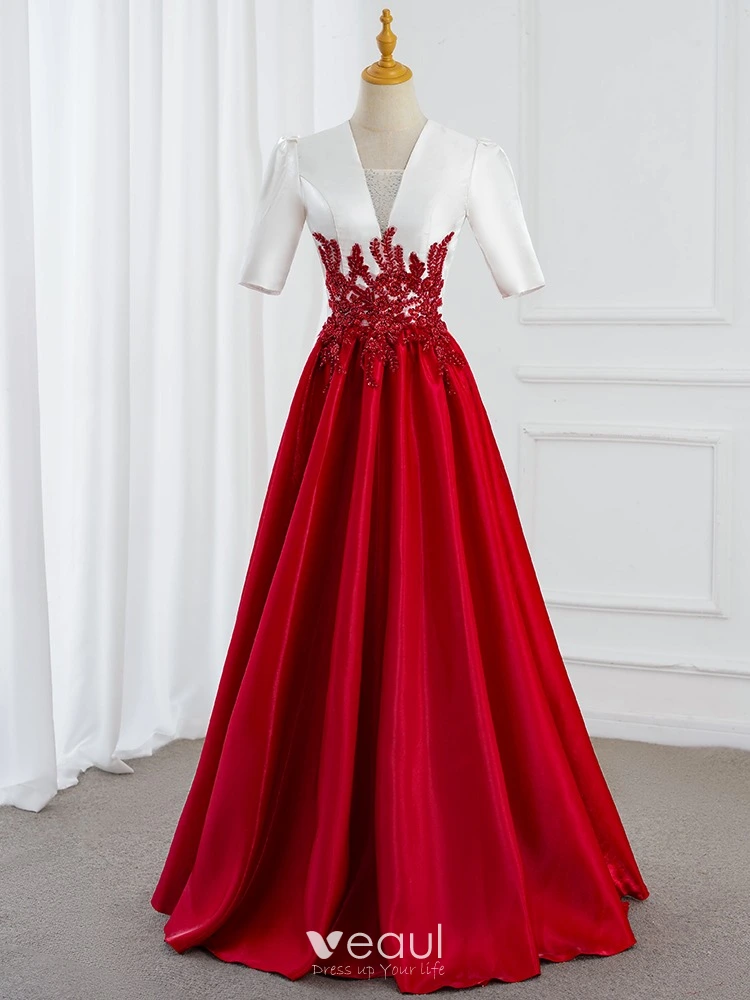 Demure Red Beading Sequins Prom Dresses 2025 Ball Gown V-Neck Short Sleeve  Floor-Length / Long Prom Formal Dresses