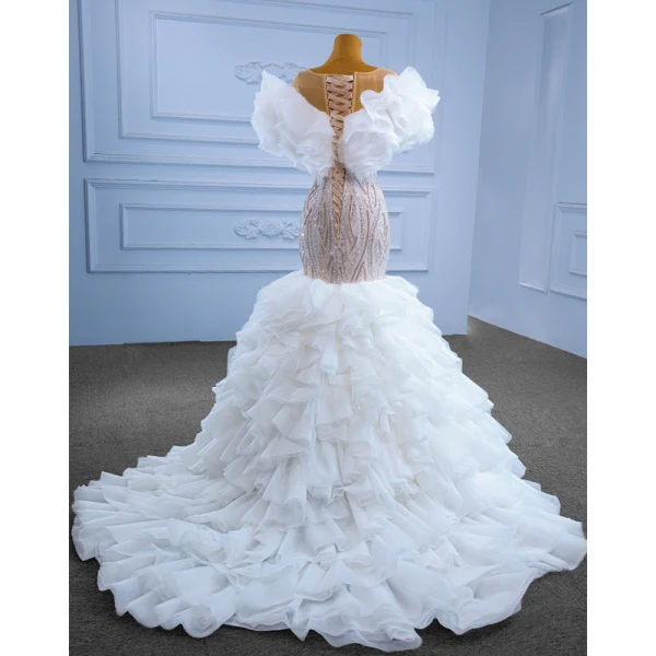 Luxury / Gorgeous White Beading Sequins Cascading Ruffles Wedding Dresses 2022 Trumpet / Mermaid Scoop Neck Short Sleeve Court Train Wedding