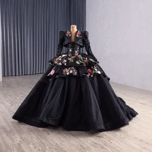 High End Svart Blonder Blomst Gripende Ruffles Korsett Ballkjoler 2025 Ballkjole Av Skulderen Korte Ermer Ryggløse Chapel Train Formelle Kjoler