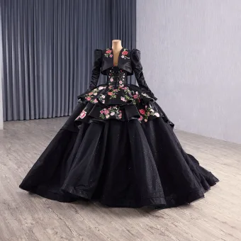Haut De Gamme Noire En Dentelle Fleur Volants En Cascade Corset Robe De Bal 2025 Robe Boule De L Épaule Manches Courtes Dos Nu Chapel Train Robe De Ceremonie