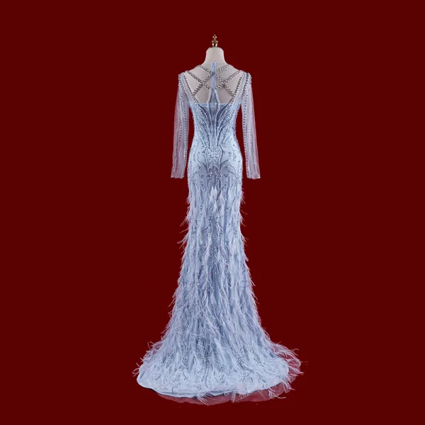 Luxury / Gorgeous Sexy Sky Blue Handmade Tassel Beading Pearl Cascading Ruffles Evening Dresses 2023 Trumpet / Mermaid V-Neck Long Sleeve Sweep Train Evening Party