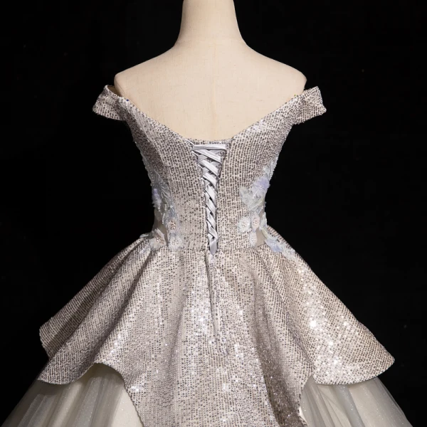 Charmant Ivory / Creme Perlenstickerei Pailletten Ballkleider 2024 Ballkleid Off Shoulder Ärmellos Rückenfreies Lange Ball Festliche Kleider