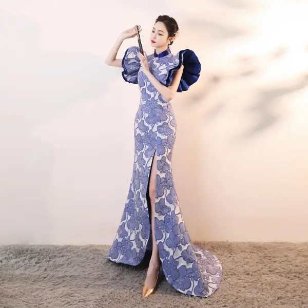 Chinese style Burgundy Printing Evening Party Cheongsam 2026 Trumpet / Mermaid High Neck Puffy Short Sleeve Sweep Train