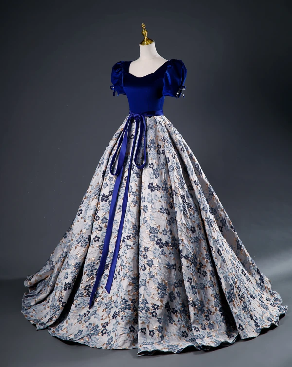 Elegant Royal Blue Printing Prom Dresses 2023 Ball Gown Satin Square Neckline Short Sleeve Backless Bow Sash Floor-Length / Long Prom Formal Dresses