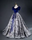 Elegant Royal Blue Printing Prom Dresses 2023 Ball Gown Satin Square Neckline Short Sleeve Backless Bow Sash Floor-Length / Long Prom Formal Dresses