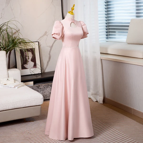 Elegant Blushing Pink Pearl Rhinestone Evening Dresses 2023 A-Line / Princess High Neck Puffy Short Sleeve Backless Floor-Length / Long Evening Party Formal Dresses