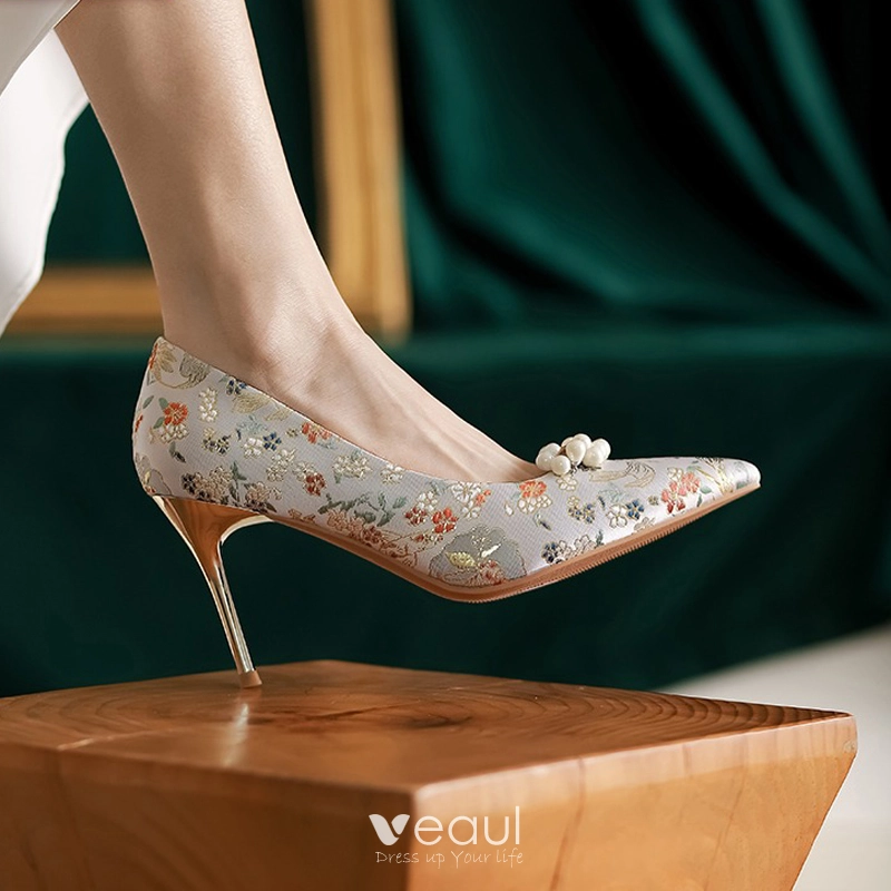 Vintage Retro Ivory Pearl Satin Floral Wedding Shoes 2022 8 cm Stiletto Heels Pointed Toe Wedding
