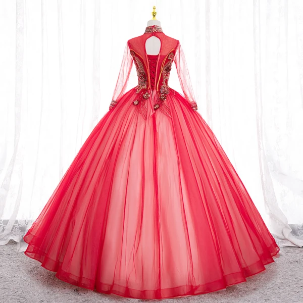 Élégant Rouge Perle Paillettes En Dentelle Fleur Robe De Bal 2022 Robe Boule Col Haut Manches Longues Dos Nu Longue Promo Robe De Ceremonie